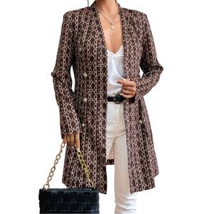 🔵 Stylish Brown Allover Print Double Breasted Blazer Coat Size Medium/6